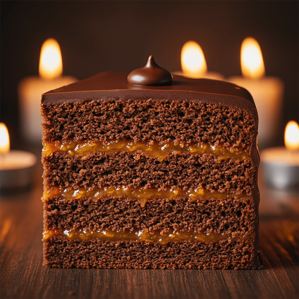 Sachertorte-Schnitte mit Schokoladen- und Marillenlagen