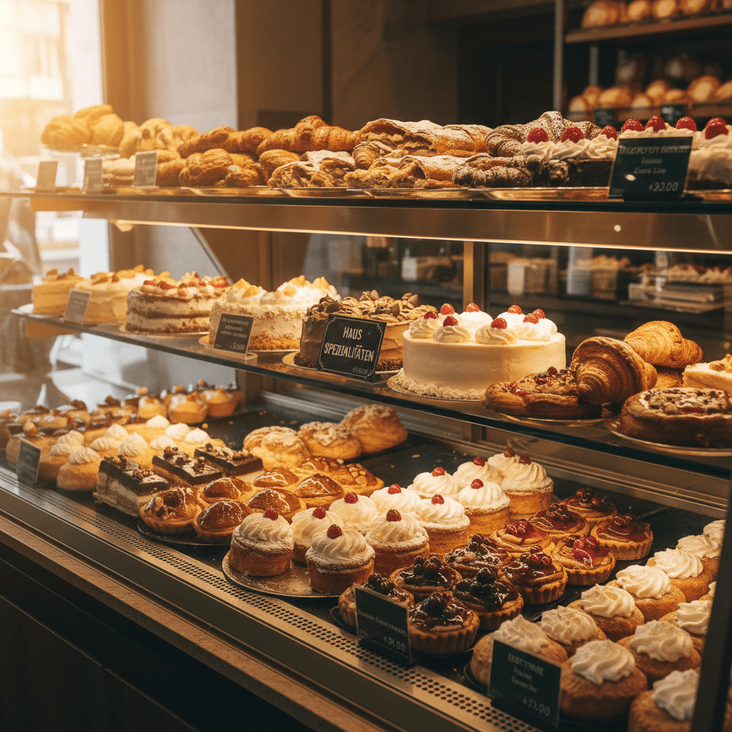Vielfältige Auswahl an frischen Gebäcken in der Vitrine
