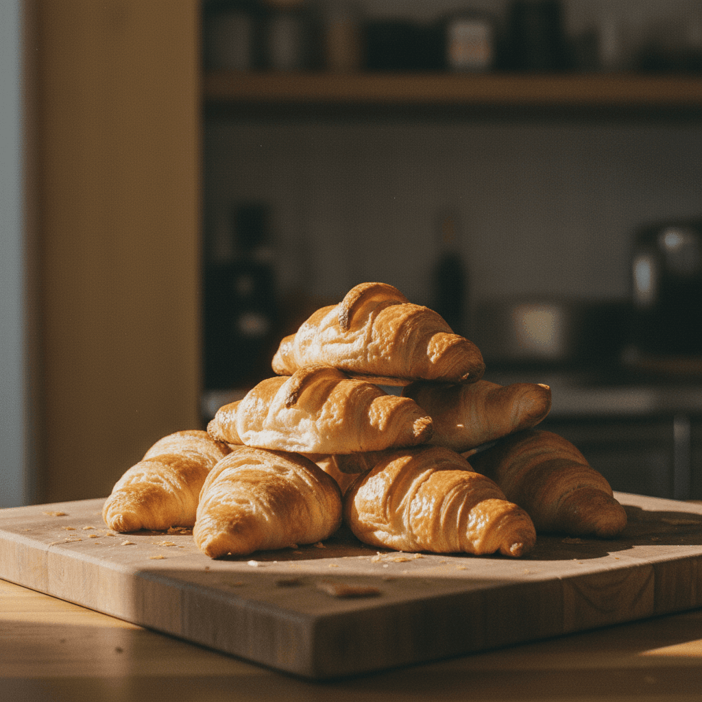Gestapelte Croissants auf Holzbrett beim Abkühlen