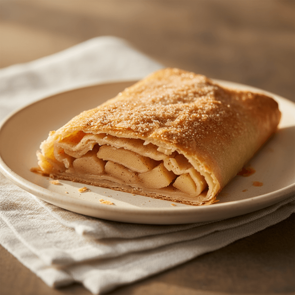 Frischer Apfelstrudel mit Zimtfüllung auf Porzellanteller