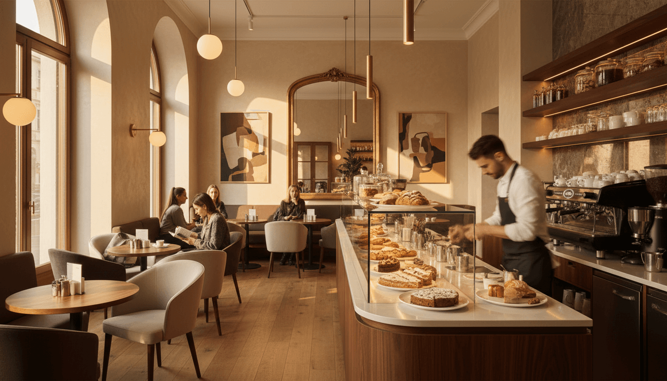 Modernes Wiener Café mit gemütlicher Atmosphäre, Kaffeezubereitung und frischen Pastries
