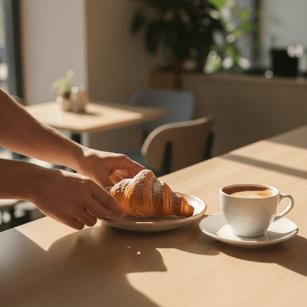 Knuspriges Croissant neben Kaffeetasse auf Holztheke