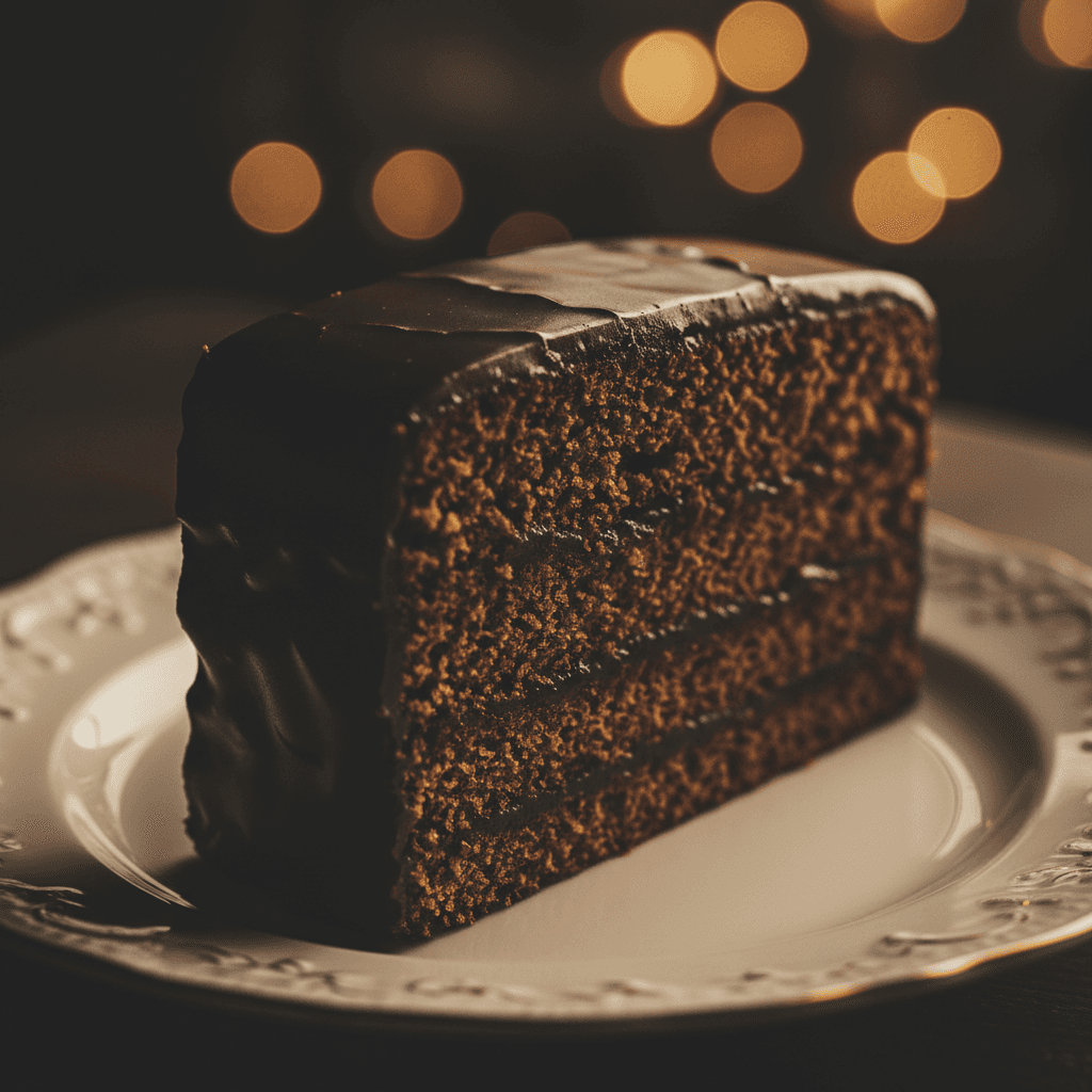 Sachertorte-Scheibe mit glänzendem Schokoladen-Überzug auf Porzellanteller