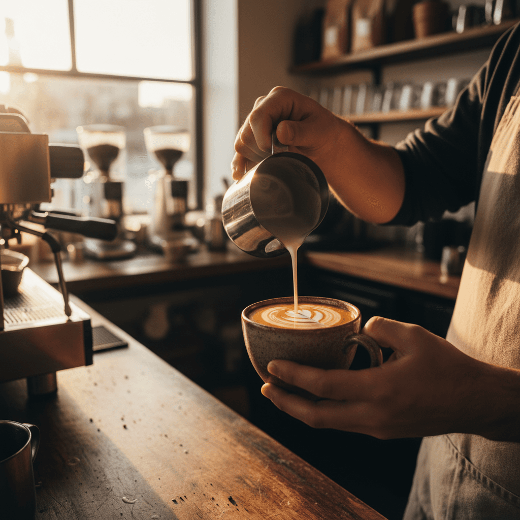 Frisch zubereitete Wiener Melange in einer traditionellen Keramiktasse mit kunstvoller Latte-Art auf der Oberfläche